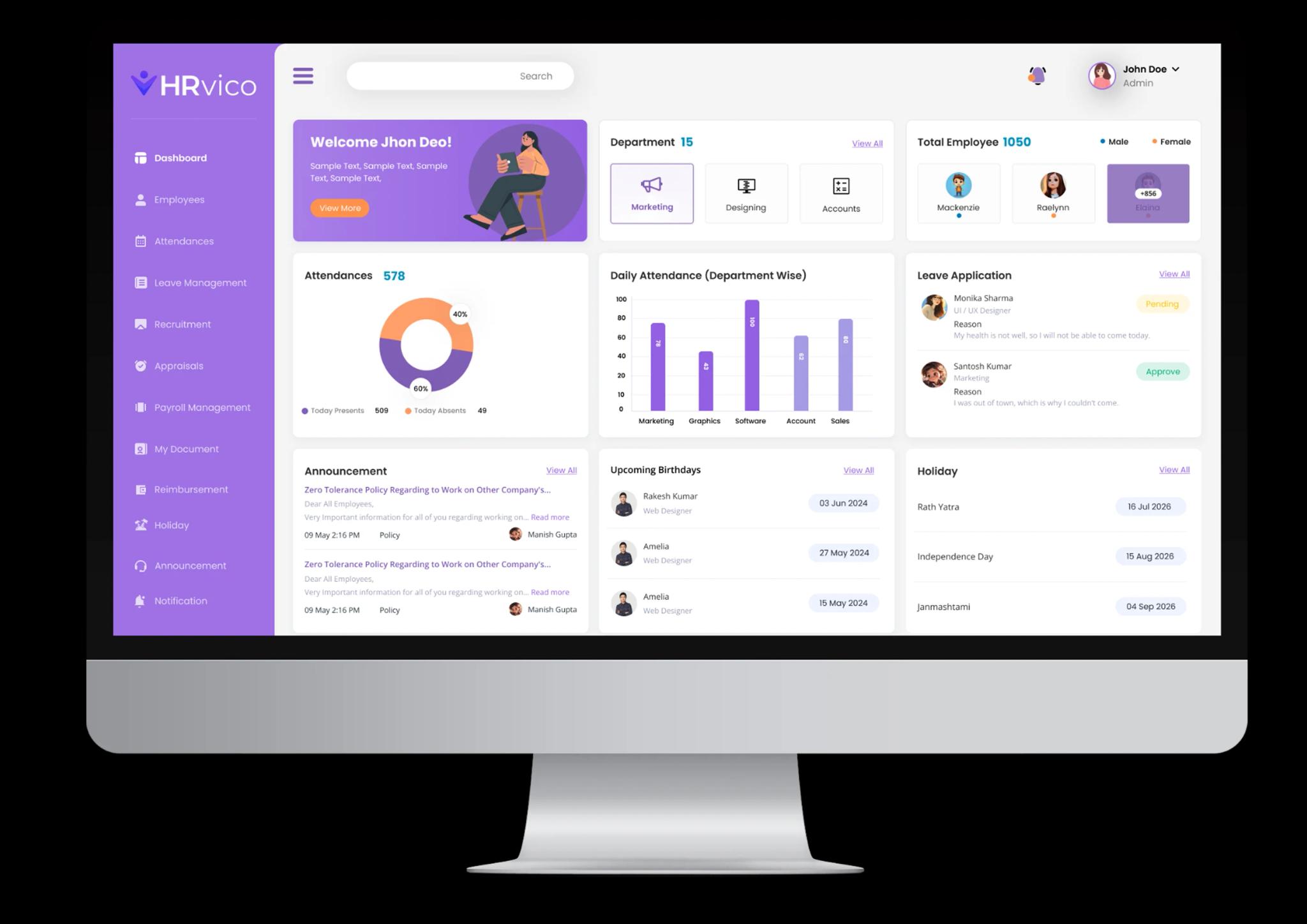 HRVico HRMS interface showing holiday calendar management and employee announcements