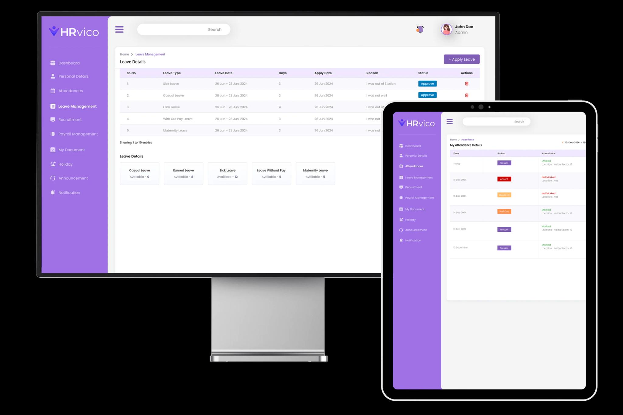 HRVico leave management software dashboard for managing employee leave